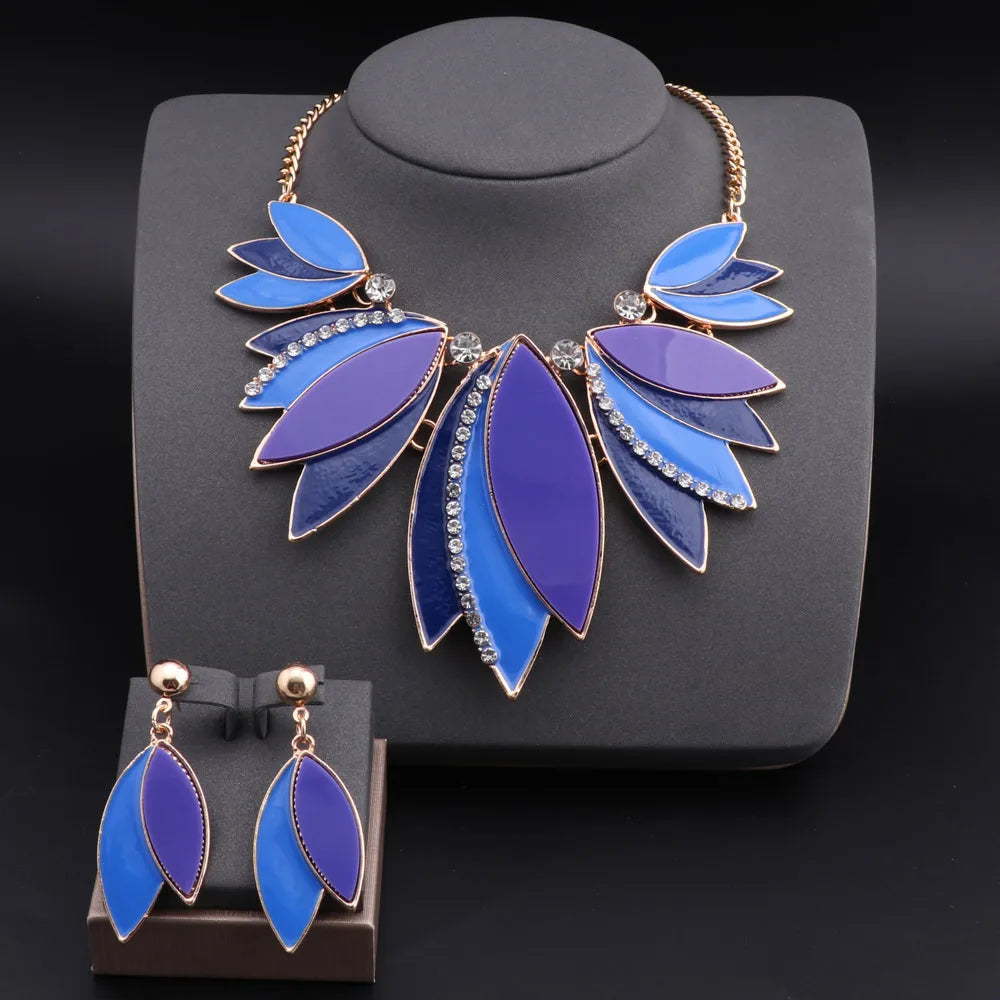 blue African Beads Enamel Leaves Shape Jewelry Sets
