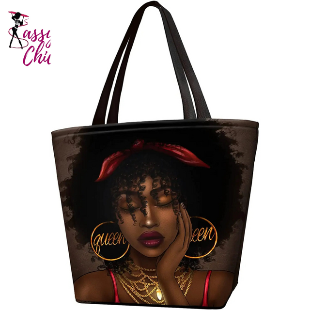 African Queens Face Printed Tote Bags Sassy Chick Logo