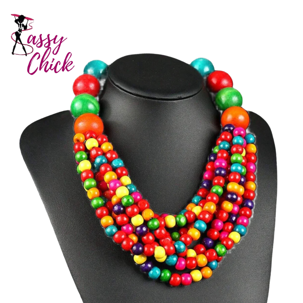 African Style Bohemian Multi-layer Wooden Beaded Bib Necklace Sassy Chick Logo