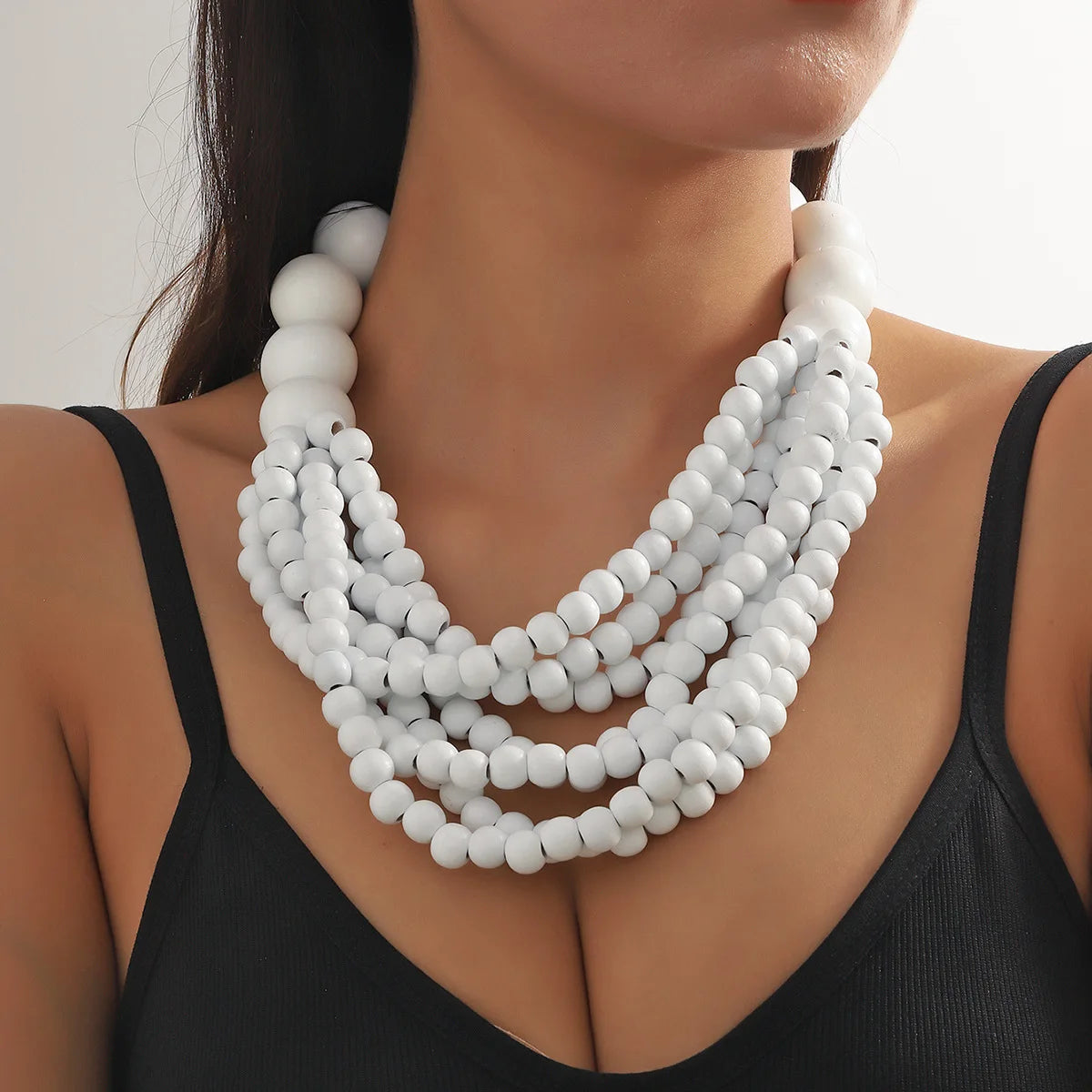 African Style Bohemian Multi-layer Wooden Beaded Bib Necklace White