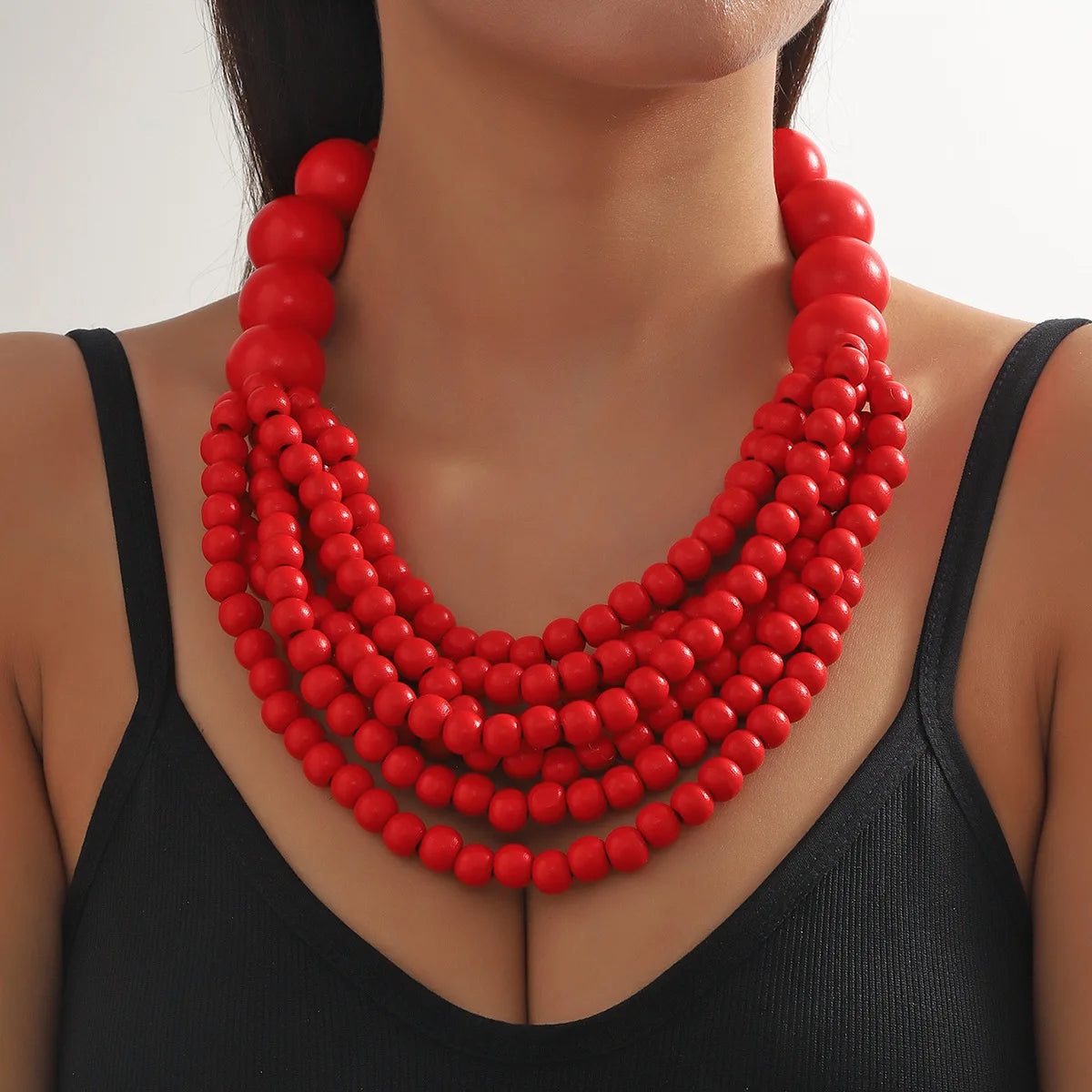 African Style Bohemian Multi-layer Wooden Beaded Bib Necklace Red