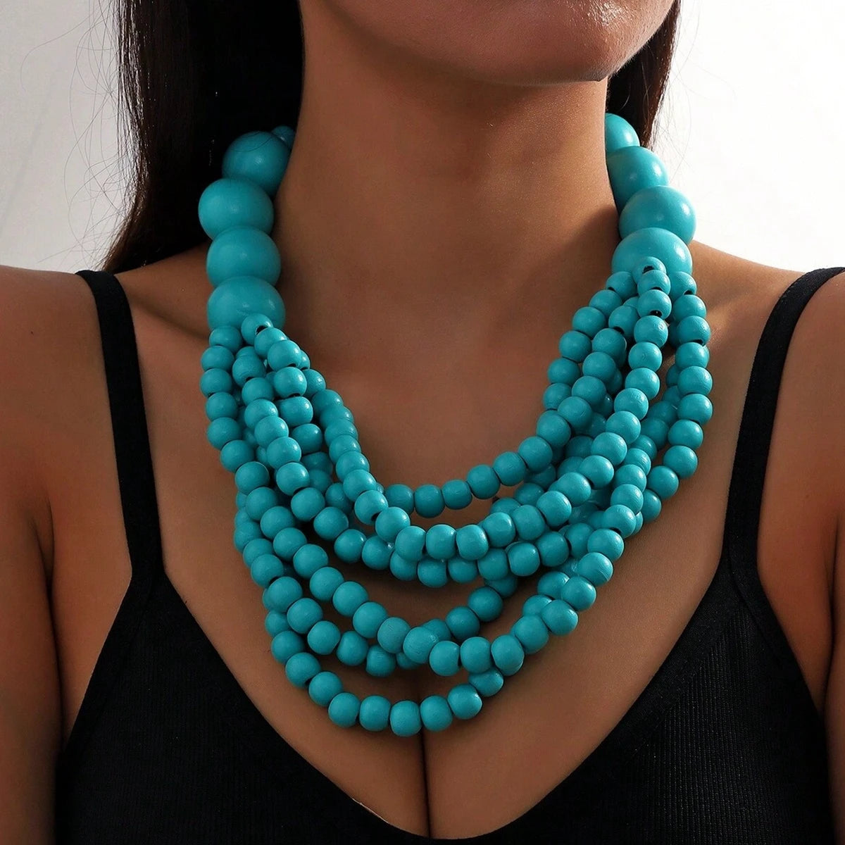 African Style Bohemian Multi-layer Wooden Beaded Bib Necklace Blue