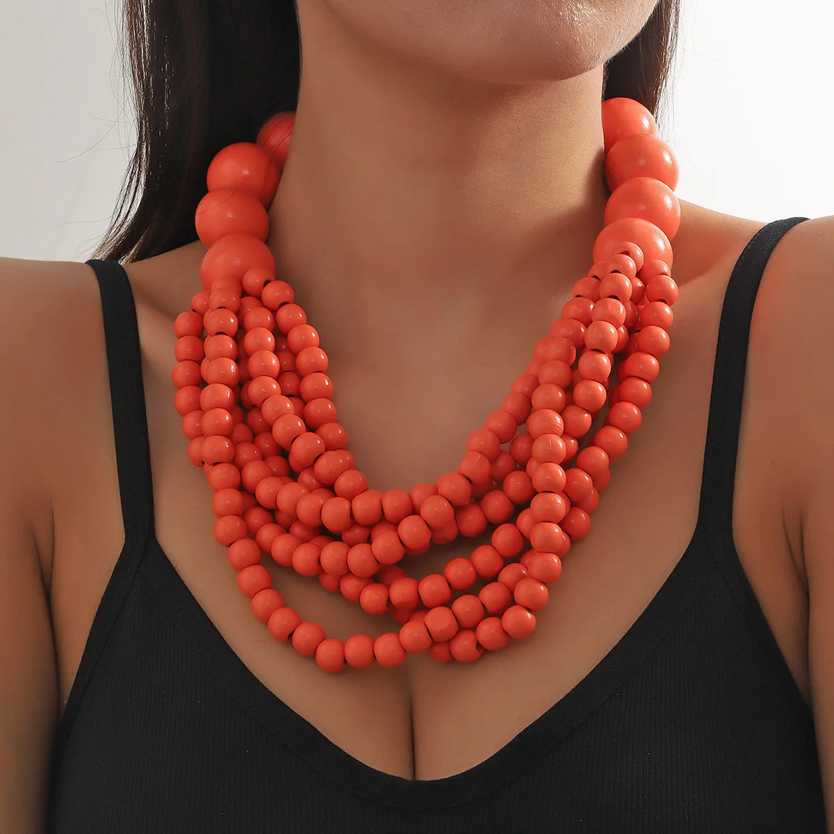African Style Bohemian Multi-layer Wooden Beaded Bib Necklace Orange