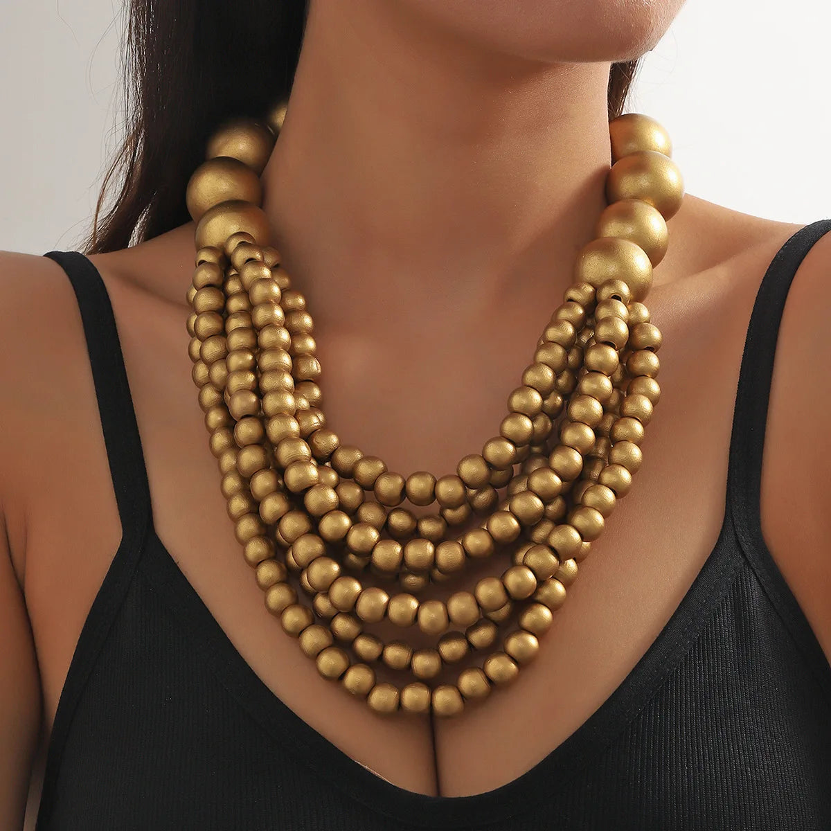 African Style Bohemian Multi-layer Wooden Beaded Bib Necklace Gold