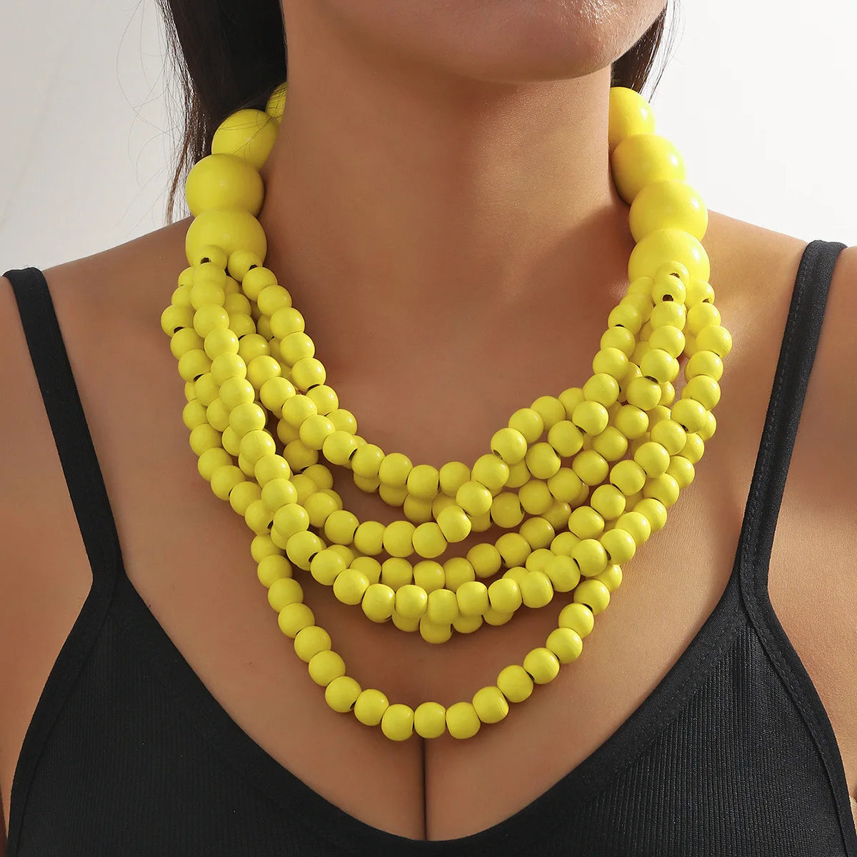 African Style Bohemian Multi-layer Wooden Beaded Bib Necklace Yellow