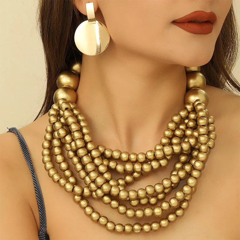 model using African Style Multi-Layer Wooden Bead Jewelry
