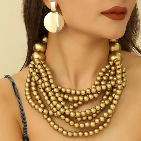 model using African Style Multi-Layer Wooden Bead Jewelry