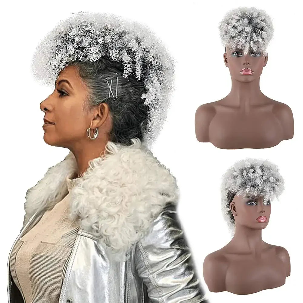 white Afro High Puff Synthetic Short Kinky Curly Ponytails