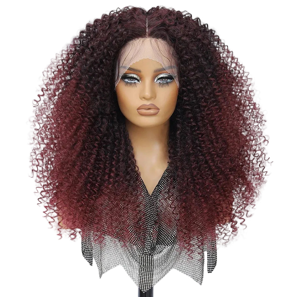 Red Black Afro Kinky Curly Lace Synthetic Wigs