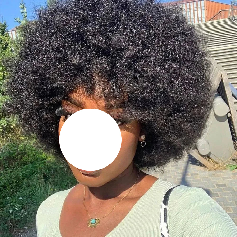 Model using Afro Kinky Curly Remy Fluffy Human Hair Wig