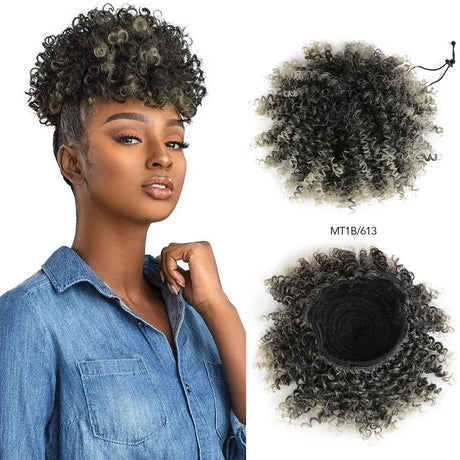 Afro Puff Curly Hair Buns Ponytail Synthetic Wig black white
