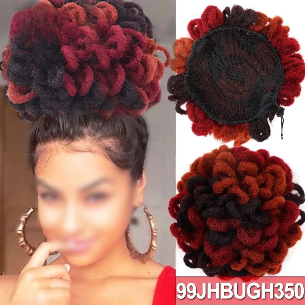 Red Afro Puff Drawstring Braided Faux Locks Hair Bun
