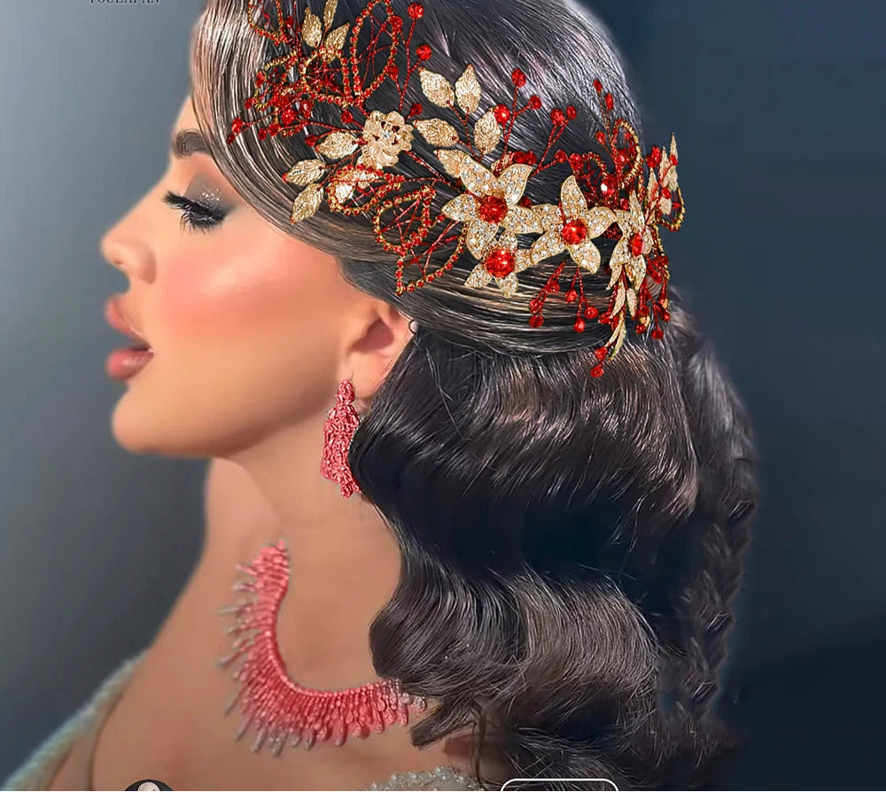 Model using Alloy Flower Headdress Shining Rhinestone Bridal Headband