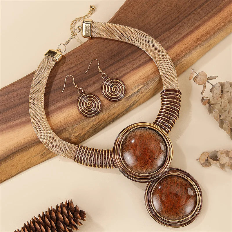 Brown Aluminum Round Geometry Jewelry Set
