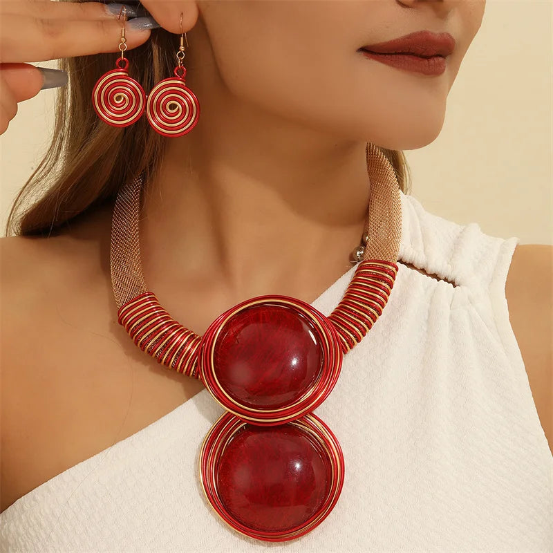 Red Aluminum Round Geometry Jewelry Set