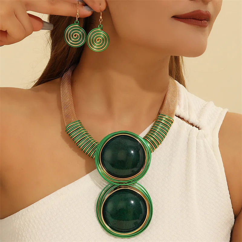 Green Aluminum Round Geometry Jewelry Set