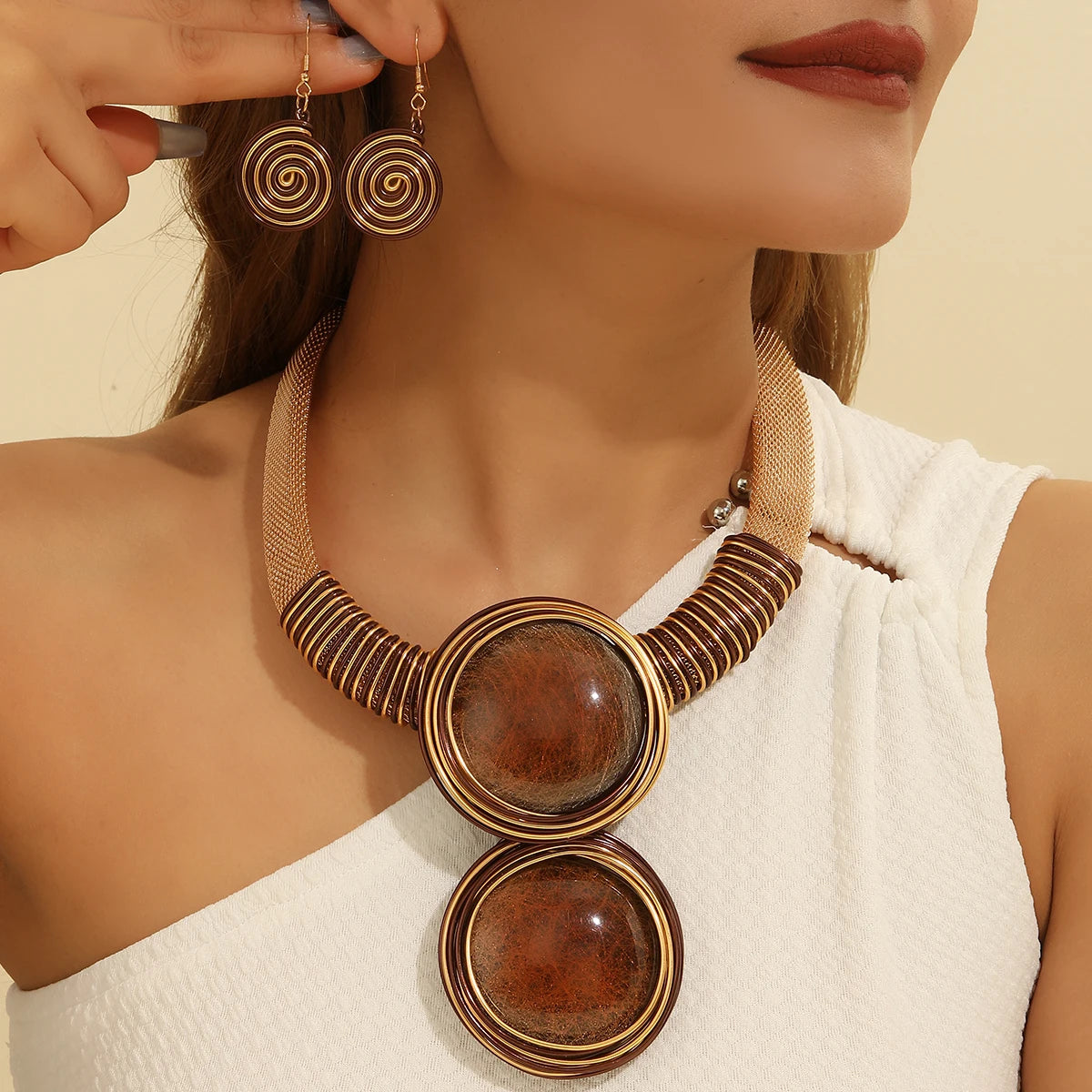 Brown Aluminum Round Geometry Jewelry Set