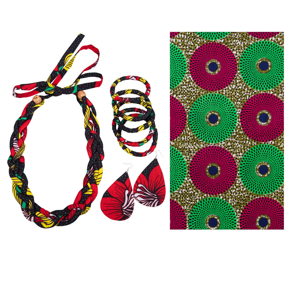 red green Ankara Bangles Earrings and Necklaces Set