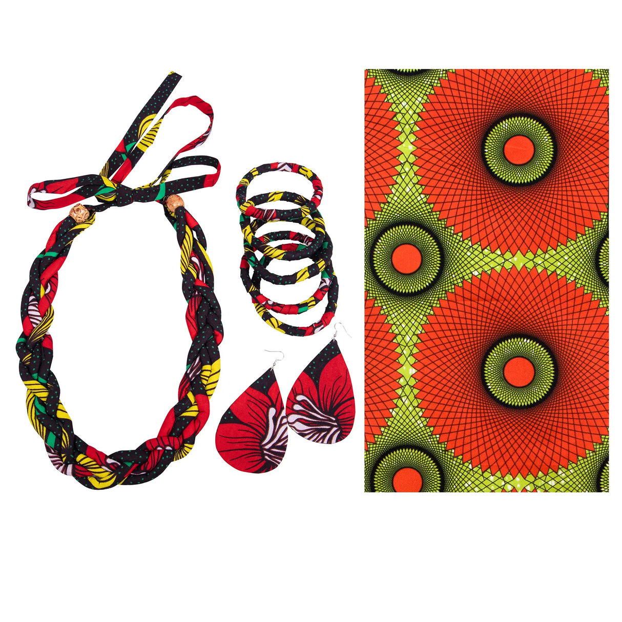 red green Ankara Bangles Earrings and Necklaces Set