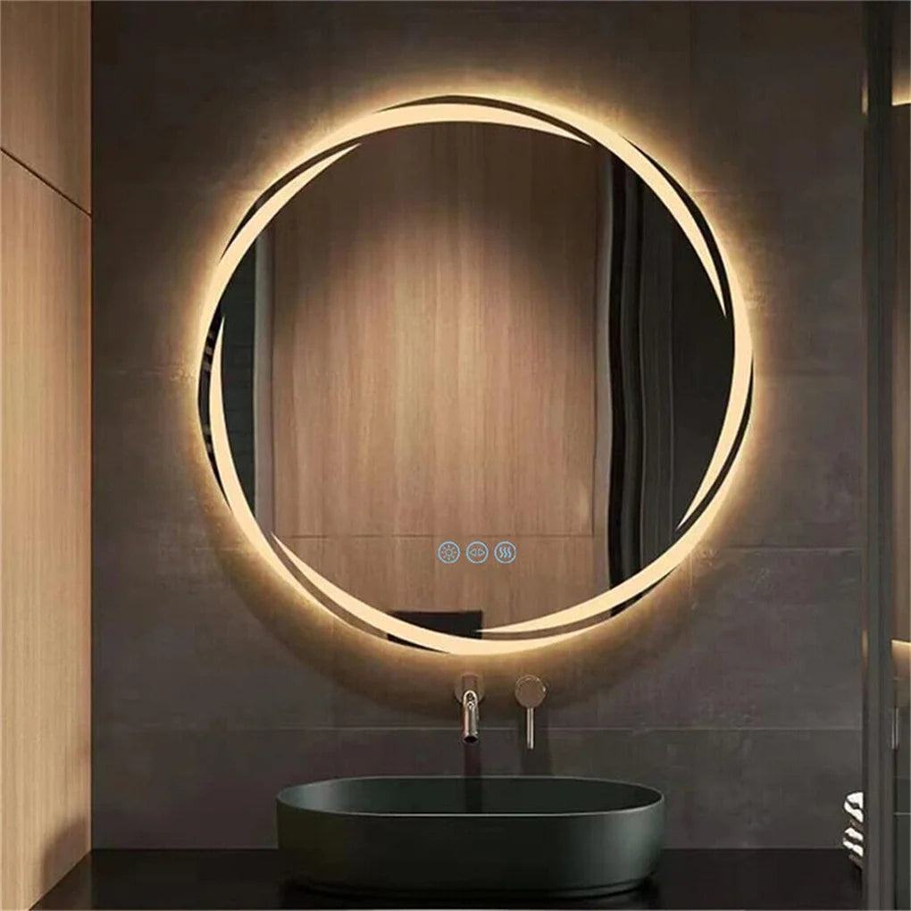 Round anti-fog LED bathroom mirror with backlit lighting in 3 color modes