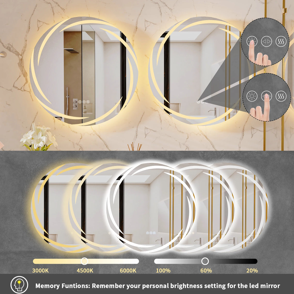 Round anti-fog LED bathroom mirror with backlit lighting in 3 color modes