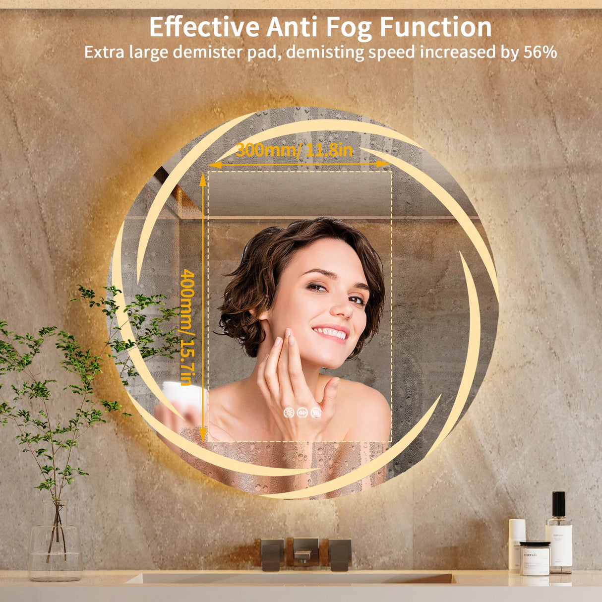 Round anti-fog LED bathroom mirror with backlit lighting in 3 color modes