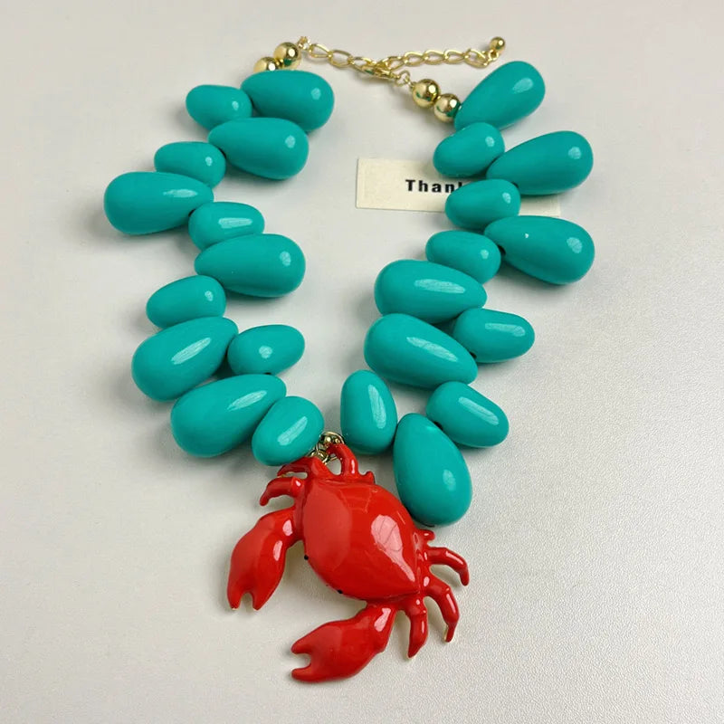 Blue Beaded Crab Pendant Necklace