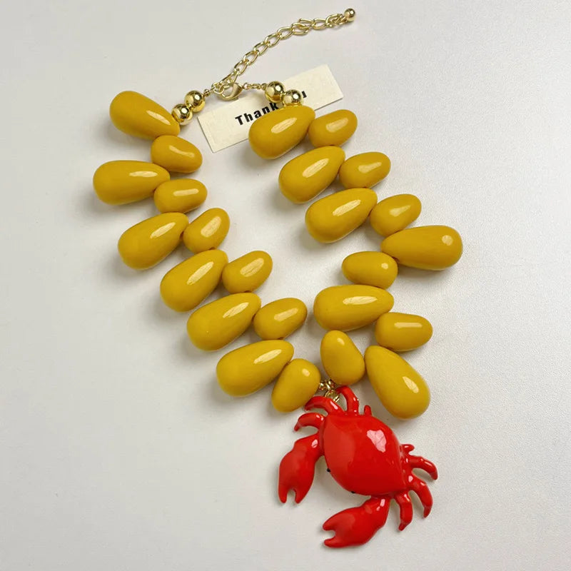 Yellow Beaded Crab Pendant Necklace