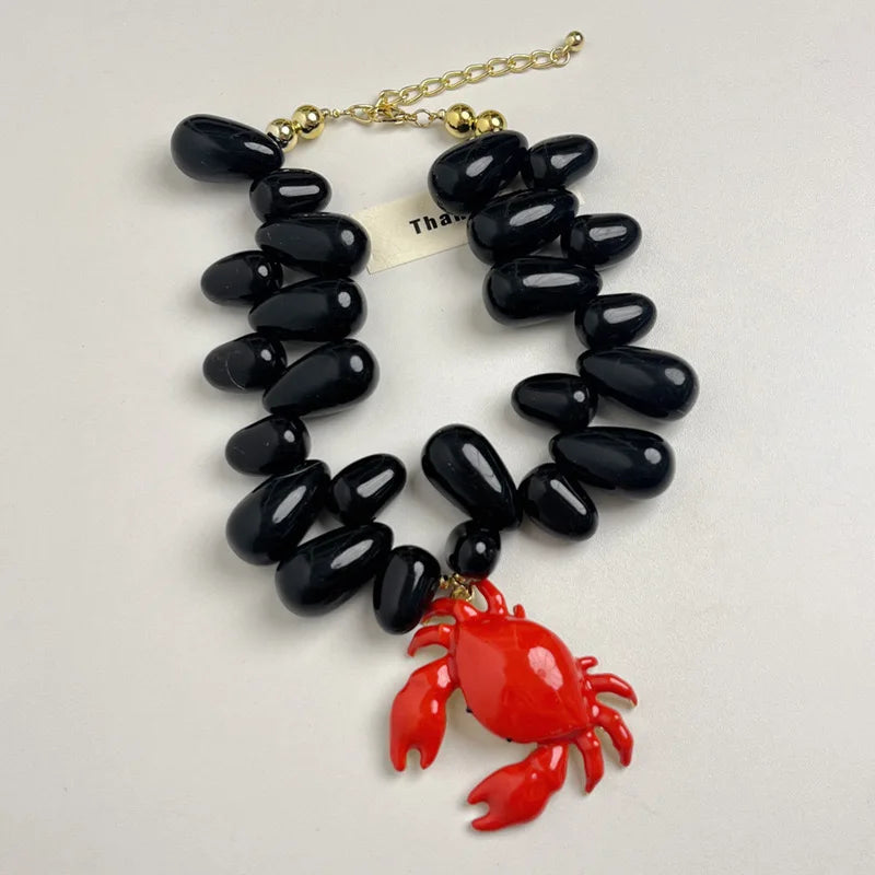 Black Beaded Crab Pendant Necklace
