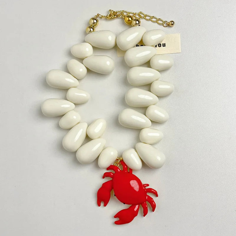 White Beaded Crab Pendant Necklace