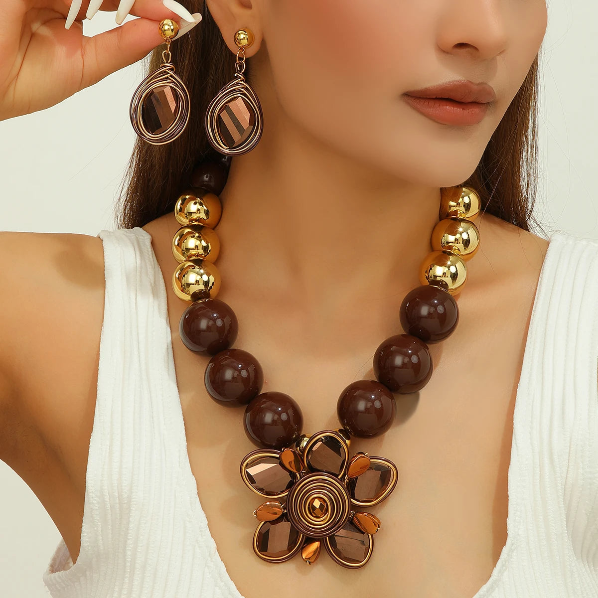 Brown Beads Crystal Aluminum Wire Woven Flower Jewelry Set Trendy