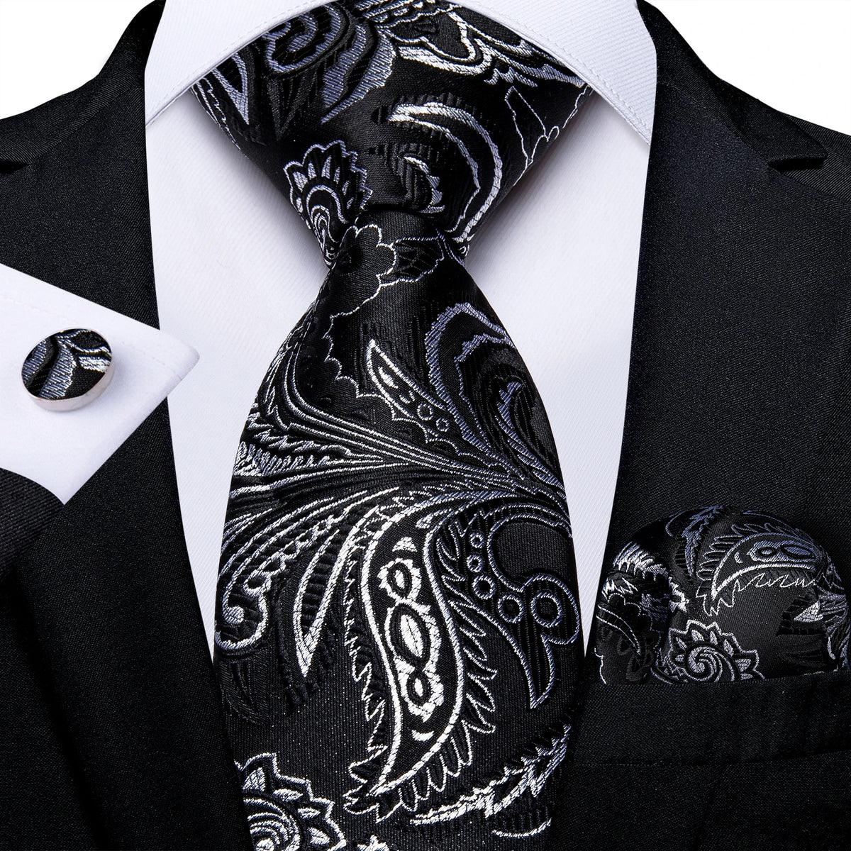 Black And Silver Paisley Floral Men's Ties