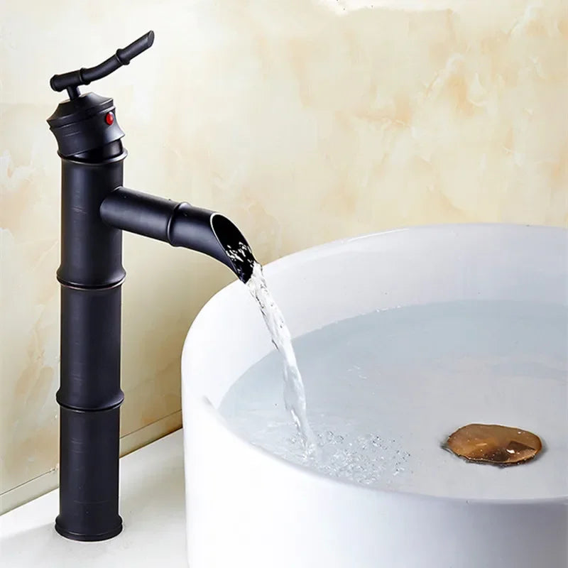 Black bronze bamboo-style waterfall basin faucet with single lever mixer