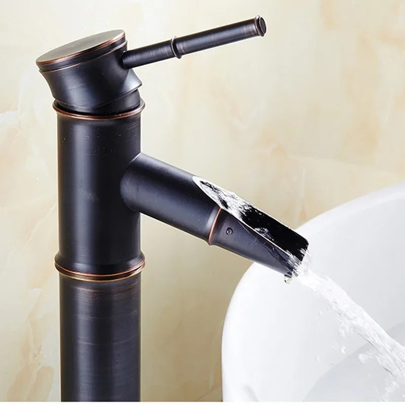 Black bronze bamboo-style waterfall basin faucet with single lever mixer