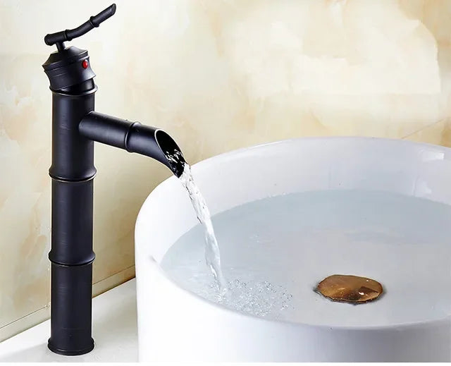 Black bronze bamboo-style waterfall basin faucet with single lever mixer