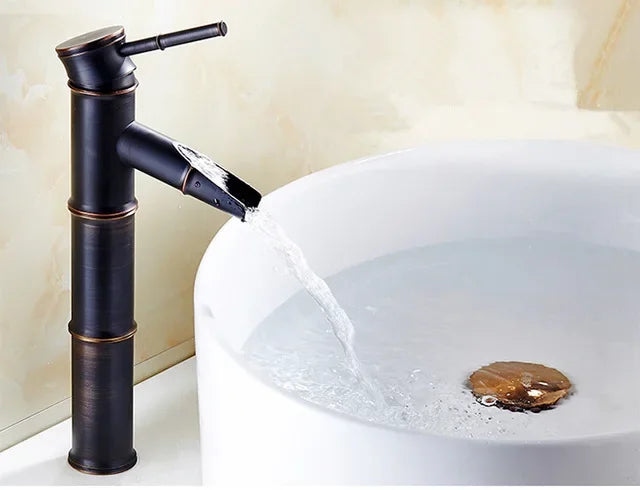 Black bronze bamboo-style waterfall basin faucet with single lever mixer