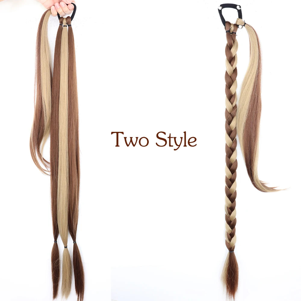 Highlight Black Brown Synthetic Long Braided Ponytail Hair Extensions