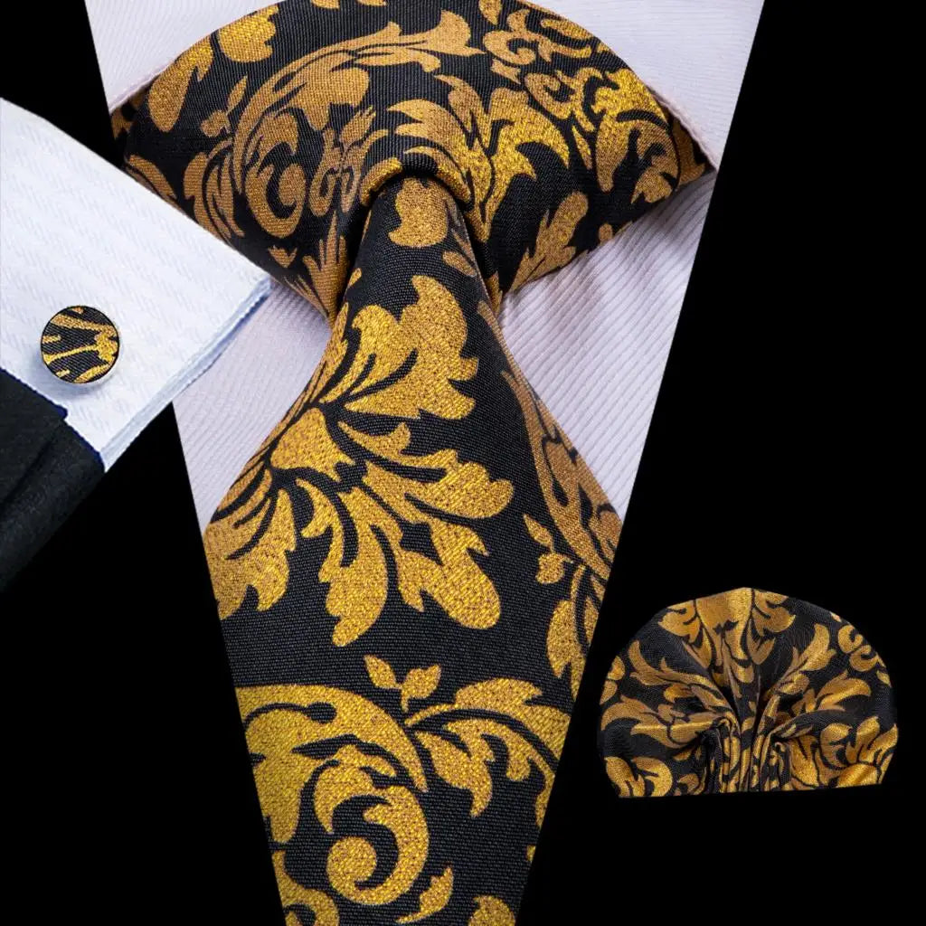 black gold floral pattern tie set