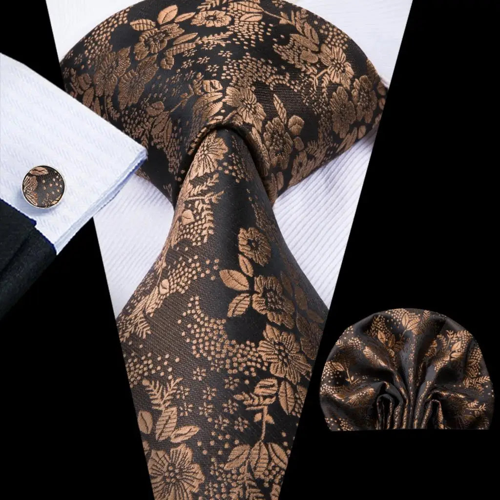 black brown floral pattern tie set