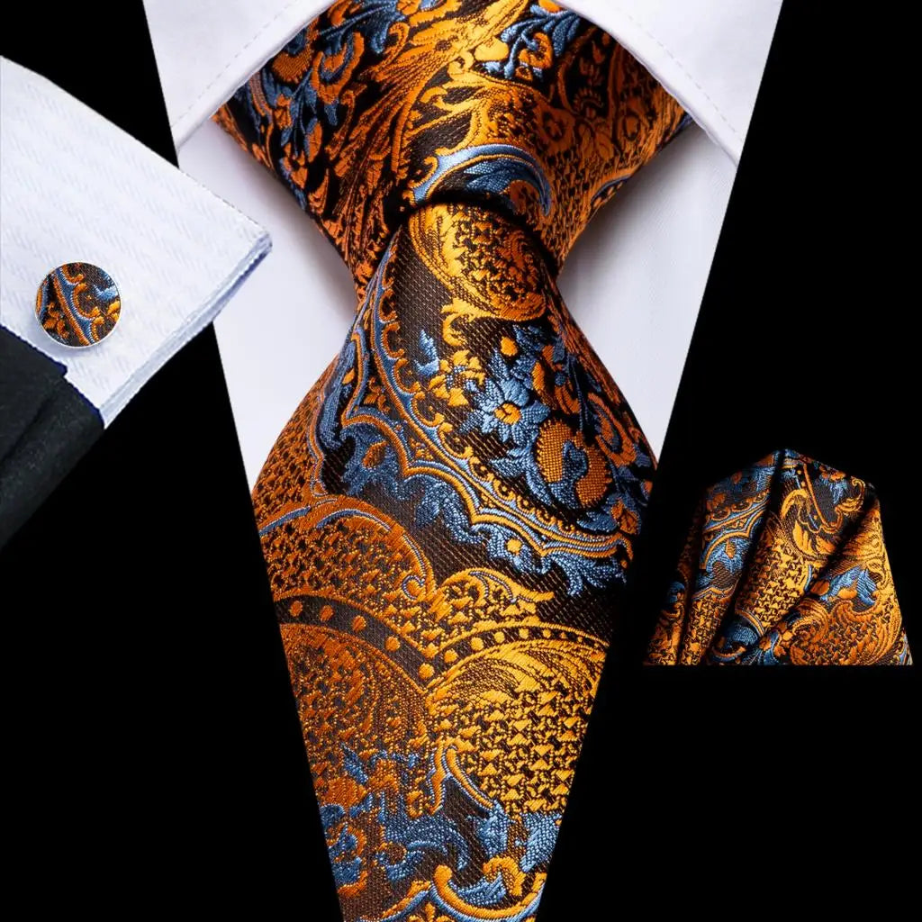 gold blue floral pattern tie set