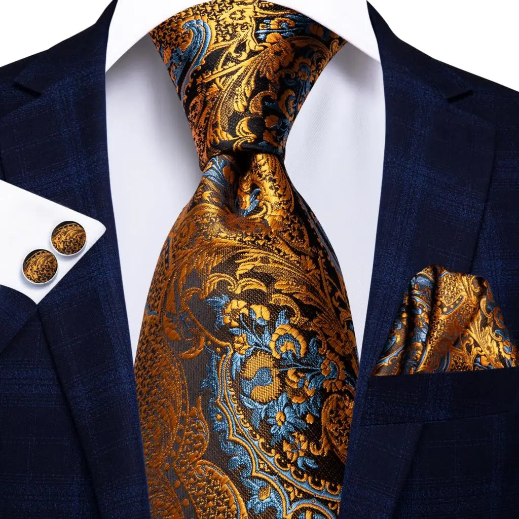 gold black blue floral pattern tie set