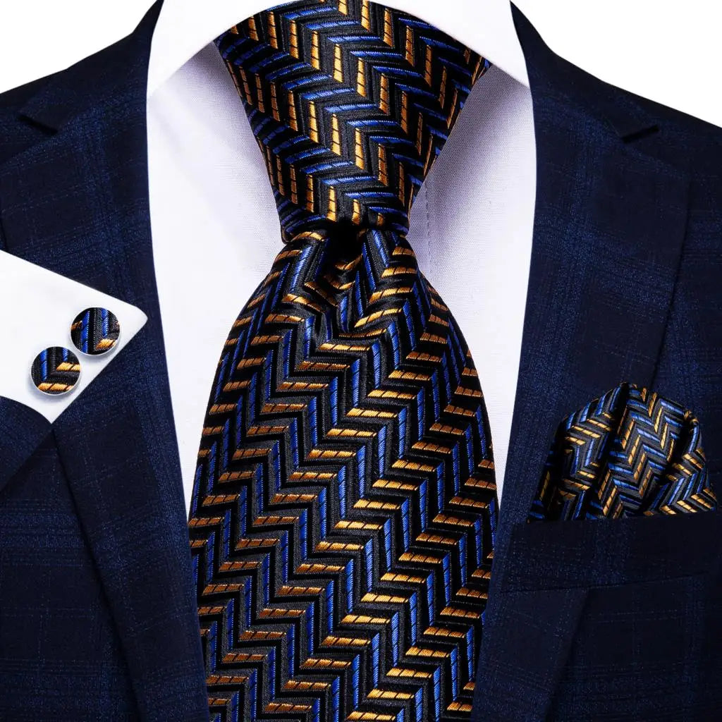 black gold blue geometric patter tie set