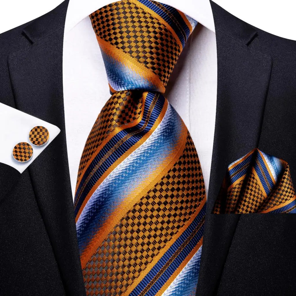 gold blue stripe pattern tie set