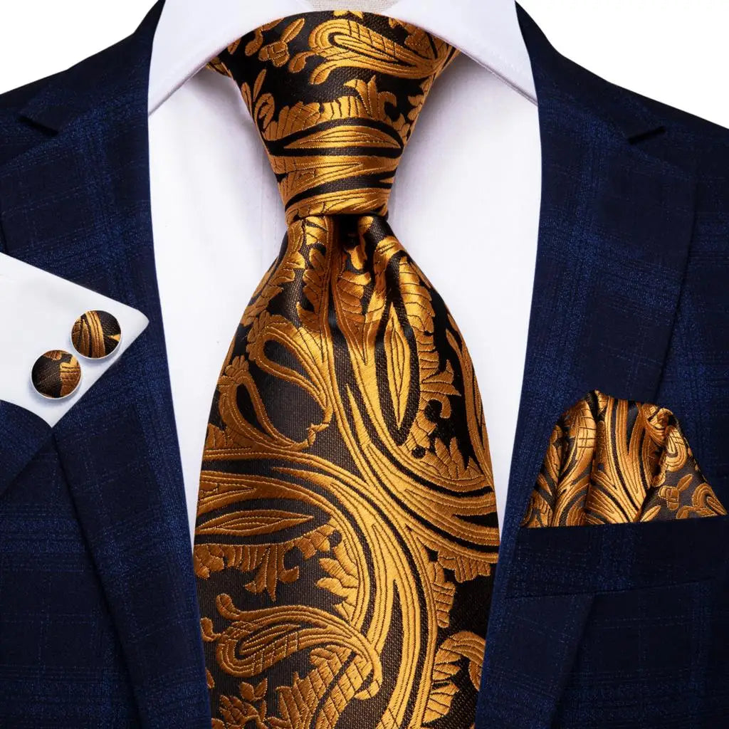 black gold floral pattern tie set