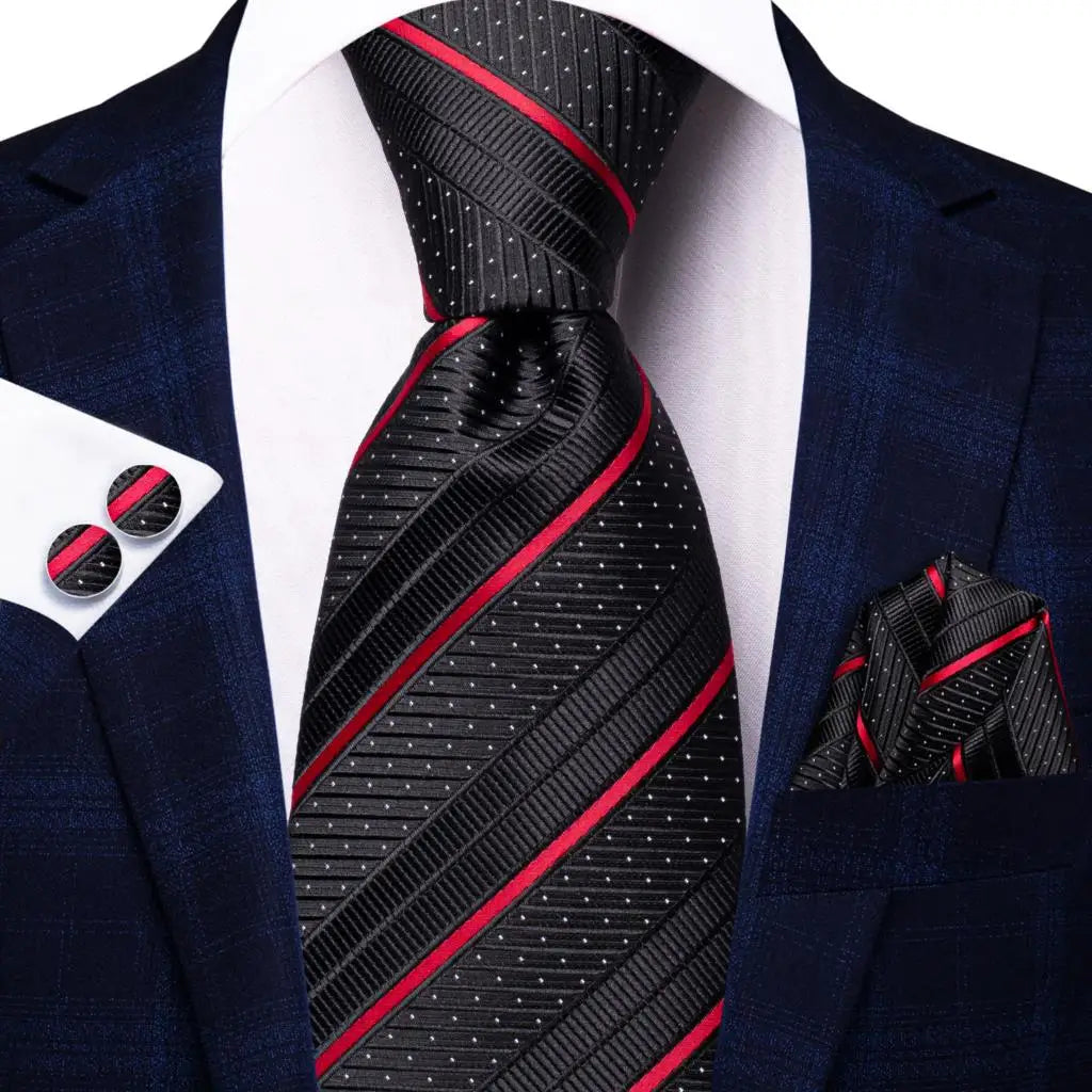 black red line dot pattern tie set