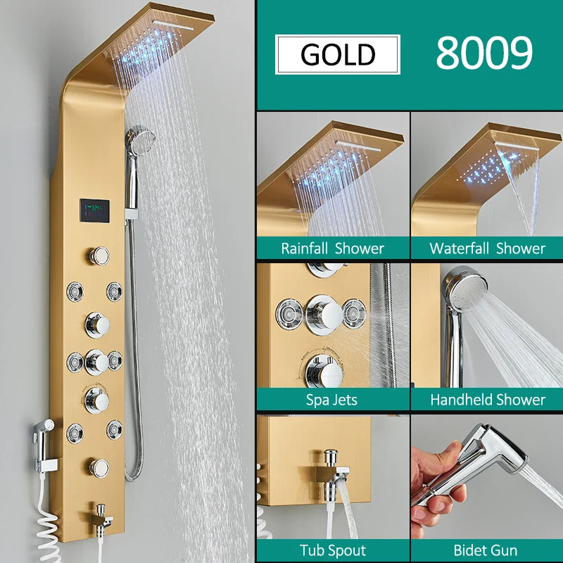 Black nickel LED shower panel with rainfall, waterfall, massage jets, and bidet tap