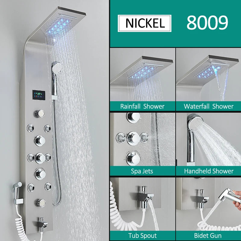 Black nickel LED shower panel with rainfall, waterfall, massage jets, and bidet tap