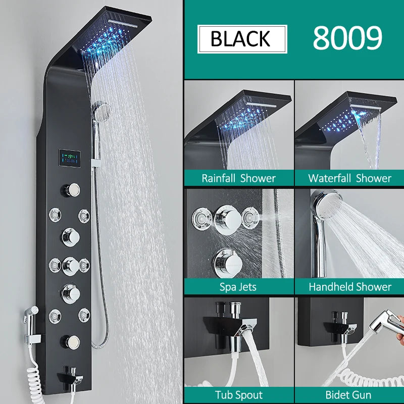 Black nickel LED shower panel with rainfall, waterfall, massage jets, and bidet tap