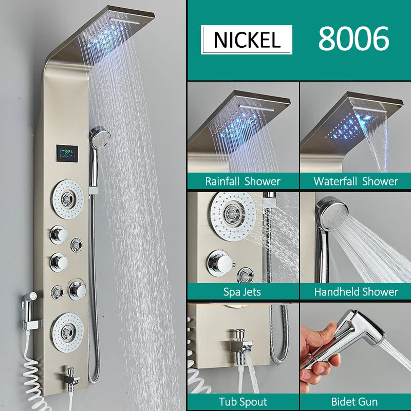 Black nickel LED shower panel with rainfall, waterfall, massage jets, and bidet tap