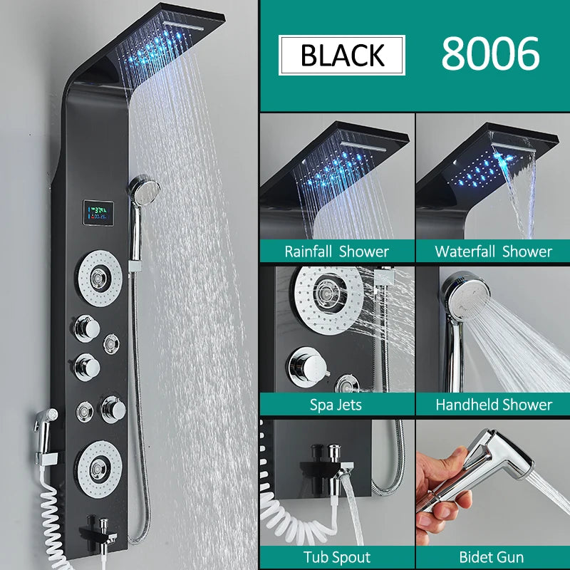 Black nickel LED shower panel with rainfall, waterfall, massage jets, and bidet tap